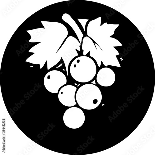 Minimalist grape bunch icon on a black circle backdrop, simple illustration