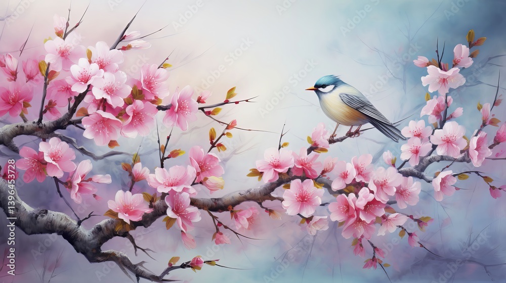 Fototapeta premium Spring Blossom and Bird on Cherry Tree – Beautiful Nature Floral Art Background