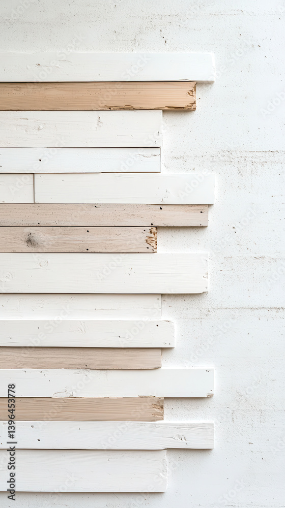 A textured wall featuring horizontal wooden planks in varying shades of white and beige, creating a modern and minimalist aesthetic.