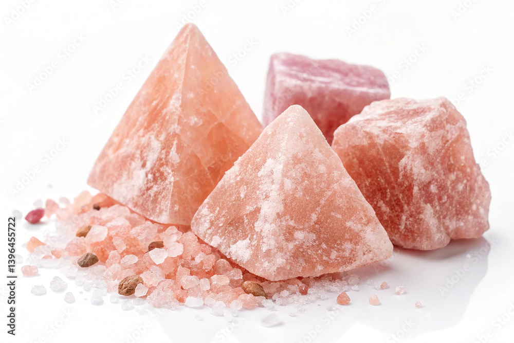 Natural arrangement of pink salt crystals isolated on white background. An elegant arrangement of pink salt crystals isolated against a white backdrop, showcasing their unique color and texture Natural arrangement of pink salt crystals isolated on white background. An elegant arrangement of pink salt crystals isolated against a white backdrop, showcasing their unique color and texture