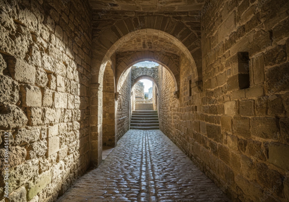 Fototapeta premium Stone passageway with arches leading to steps and an opening with a view of the sky afar