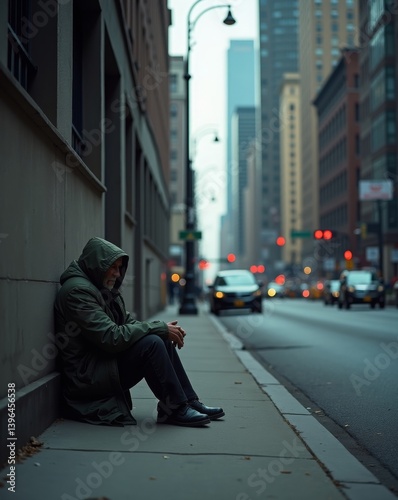 A somber urban scene of a homeless person sitting on a city sidewalk, surrounded by towering skyscrapers, capturing the contrast between poverty and wealth
