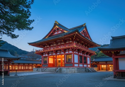 A japanese temple with red and gold accents under a blue sky at dusk with other temple buildings