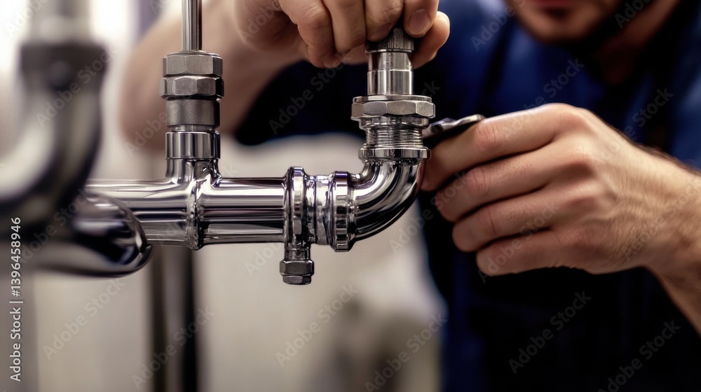 A plumber tightening pipes under a sink. Featuring problem-solving and precision A plumber tightening pipes under a sink. Featuring problem-solving and precision