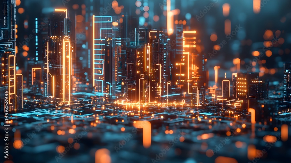 Futuristic Cityscape Made of Glowing Circuit Boards and Neon Lights Futuristic Cityscape Made of Glowing Circuit Boards and Neon Lights