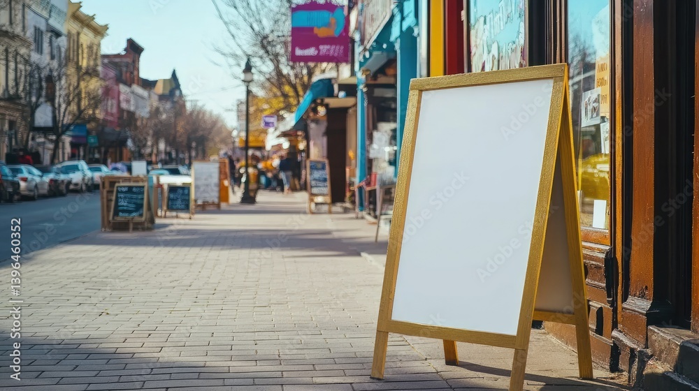 A-frame style standing sidewalk sign in front of shop entrance, blank for design insertion A-frame style standing sidewalk sign in front of shop entrance, blank for design insertion