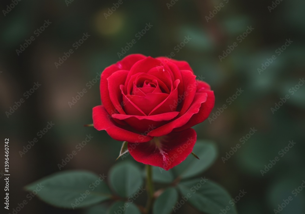 A close up shot of a vibrant red rose in full bloom with green leaves against a blurred background A close up shot of a vibrant red rose in full bloom with green leaves against a blurred background