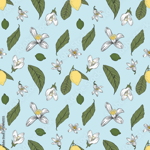  Lemon Blossom Seamless Pattern with fruits, blossoms, and leaves