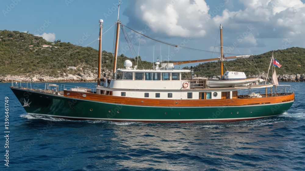 Classic Wooden Yacht Sailing on Calm Blue Sea Near Lush Green Islands Classic Wooden Yacht Sailing on Calm Blue Sea Near Lush Green Islands