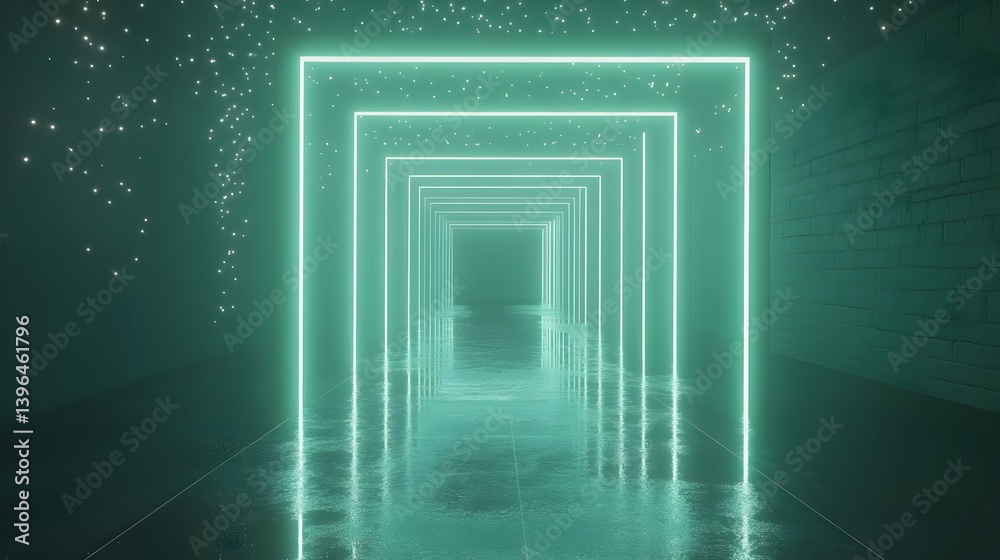 Glowing Neon Green Portal in Rectangular Shape with Starry Lights Glowing Neon Green Portal in Rectangular Shape with Starry Lights