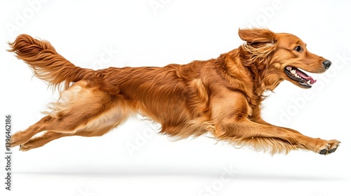 Golden Retriever Dog Running in Side View Against White Background