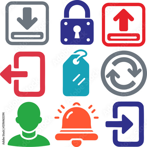 A colorful collection of flat web and app interface icons including login, logout, padlock, tag, alert, refresh, upload, and user for UI design and interaction.