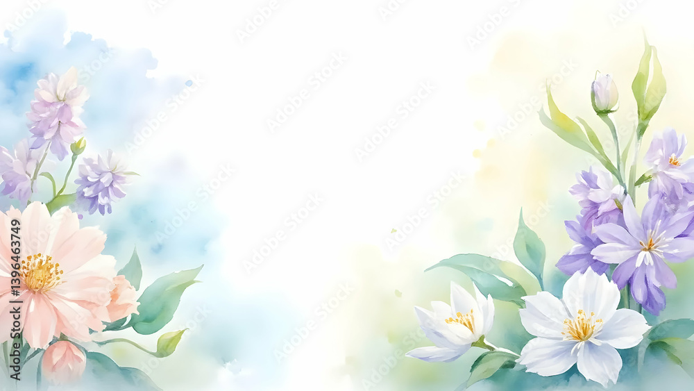 Fototapeta premium Watercolor Floral Design with Pastel Flowers and Soft Leaf Details