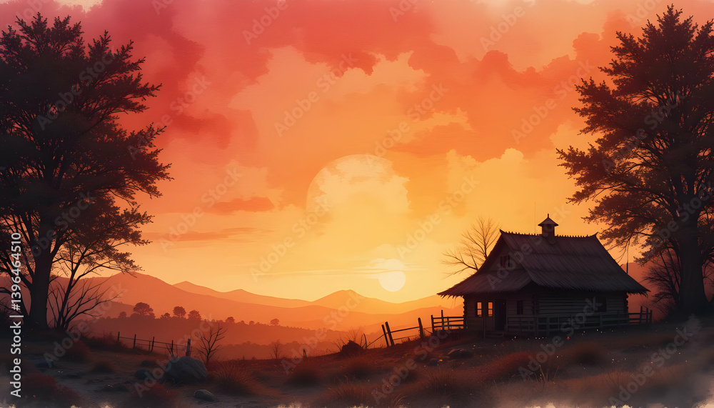 Fototapeta premium Rustic Cabin Sunset Landscape Warm Hues Silhouette Trees