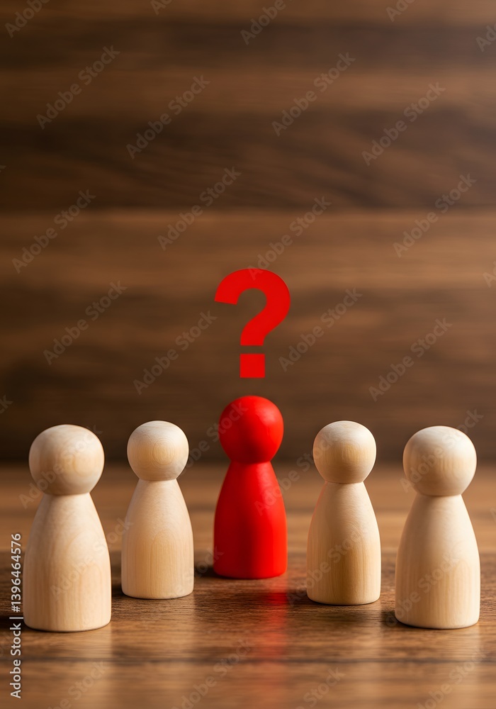 leadership dilemma, There is no place for the red man in the group. Social isolation. Exclusion, discrimination.Wooden figurines, group dynamics, isolation concept, red outsider, question mark