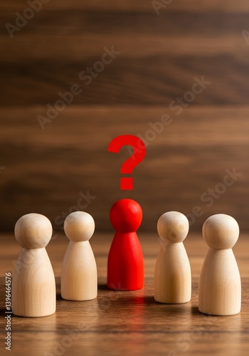 Obraz na płótnie leadership dilemma, There is no place for the red man in the group. Social isolation. Exclusion, discrimination.Wooden figurines, group dynamics, isolation concept, red outsider, question mark w salonie