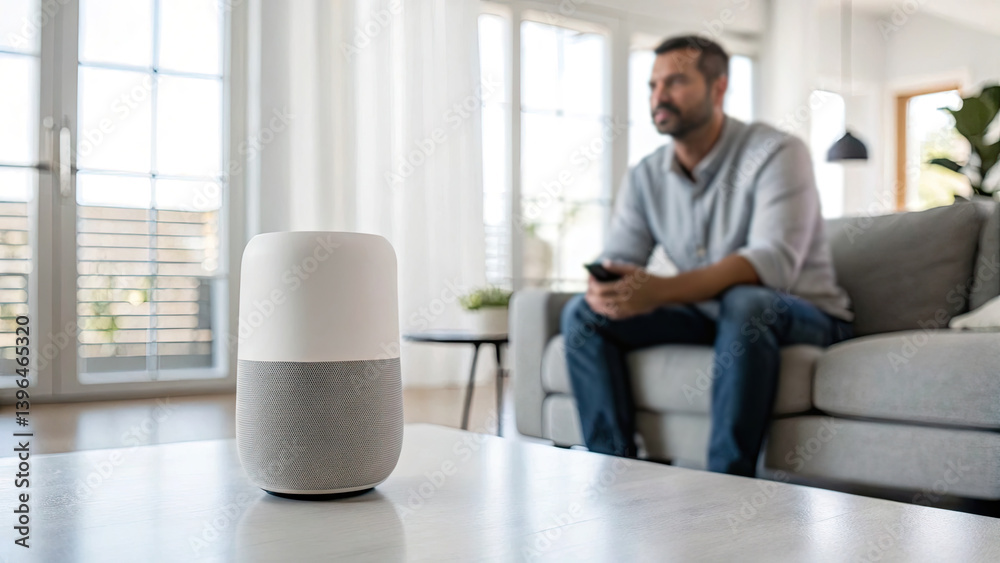 Modern living room with a man interacting with a smart speaker while seated on a couch. Modern living room with a man interacting with a smart speaker while seated on a couch.