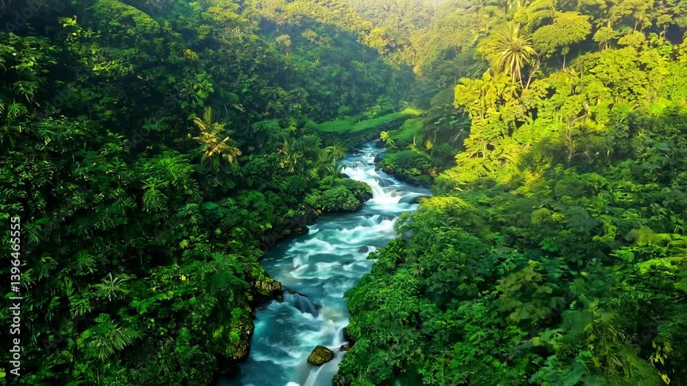 A lush green landscape featuring a flowing river surrounded by dense vegetation. A lush green landscape featuring a flowing river surrounded by dense vegetation.