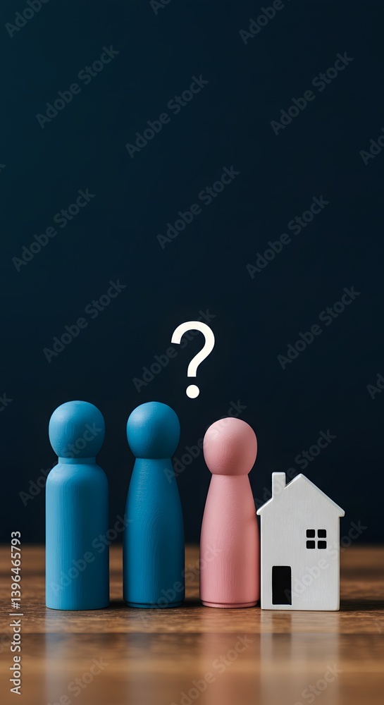 Property acquired separately before marriage.wooden figurines, Shared housing.Purchase or rent. Division of property in divorce, blue and pink figures, Housing issues for couples and young families.