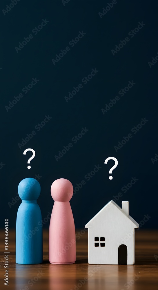 Property acquired separately before marriage.wooden figurines, Shared housing.Purchase or rent. Division of property in divorce, blue and pink figures, Housing issues for couples and young families.