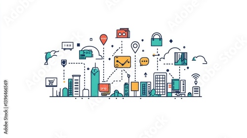 Cloud network connected to various countries through dotted lines and commerce symbols