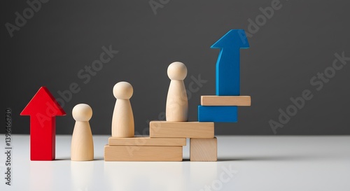Strategic cooperation. Synergy and trust, Wooden figurines, abstract shapes, red and blue colors,Achieve success by working as a team.  leadership and mutual support. Effective communication