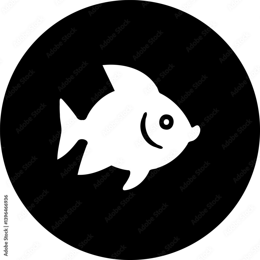 Stylized fish silhouette emblem against a stark black circular background Stylized fish silhouette emblem against a stark black circular background