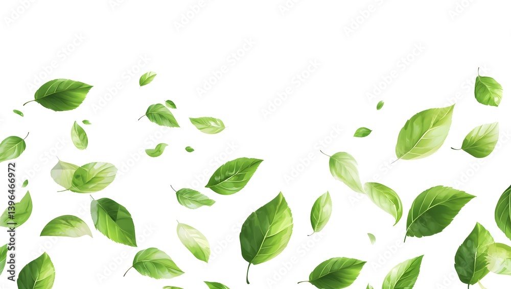 A simple illustration of flying green leaves on a white background, with a simple design in a cute style using simple shapes. A simple illustration of flying green leaves on a white background, with a simple design in a cute style using simple shapes.