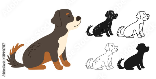Bernese Mountain Dog symbol or silhouette illustration cartoon set. Friendly cute simple dog sits linear doodle icon. Funny stylized sign adorable domestic pet animal. Comic childish isolated vector