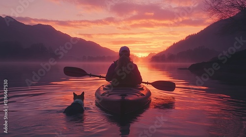 A kayaker paddles a kayak on a tranquil lake at sunrise, with a dog by their side.