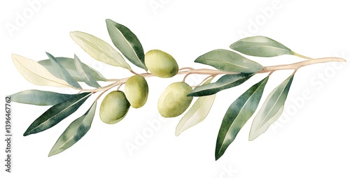 A simple clip art illustration of an olive branch with green olives, white background, soft watercolor, pastel color palette, spring vibes,