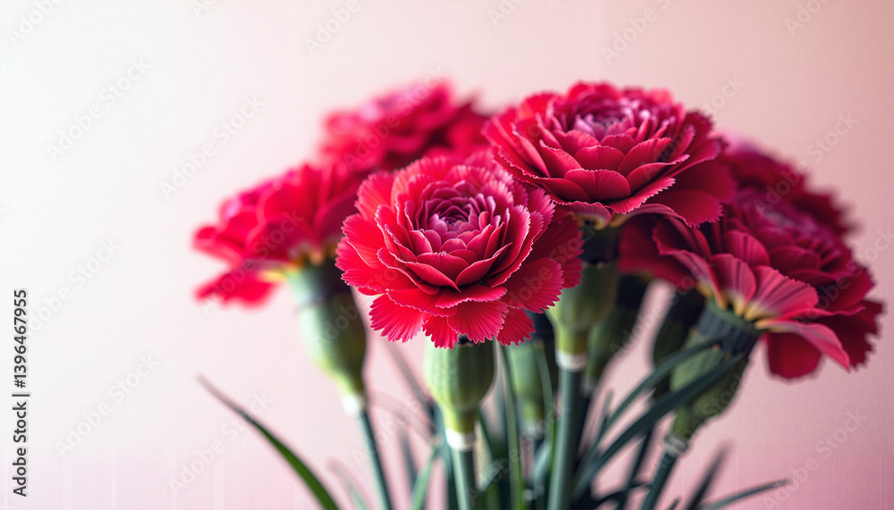 Fototapeta premium Vibrant red carnations blooming against a soft pink background 