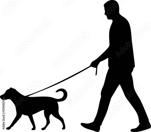 Vector silhouette of man walking his dog in park – pet owner outdoor activity illustration