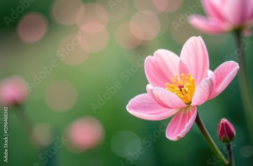 Spring Card with Delicate Flower on Green Background, Copy Space Left
