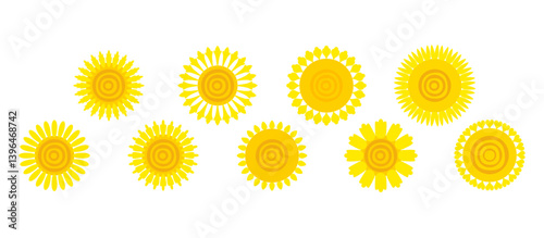 Vector collection of colorful sun elements on the sky. Set of yellow sunflowers, glowing on a white background. Hand drawn floral illustrations for decoration, Easter, stickers, clip art and prints.
