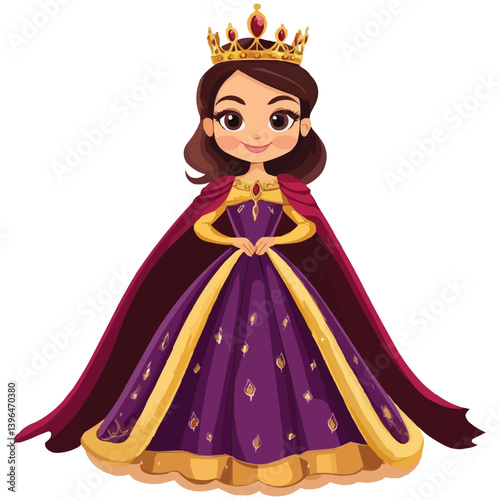 A cute cartoon queen with a golden crown and a beautiful purple dress.