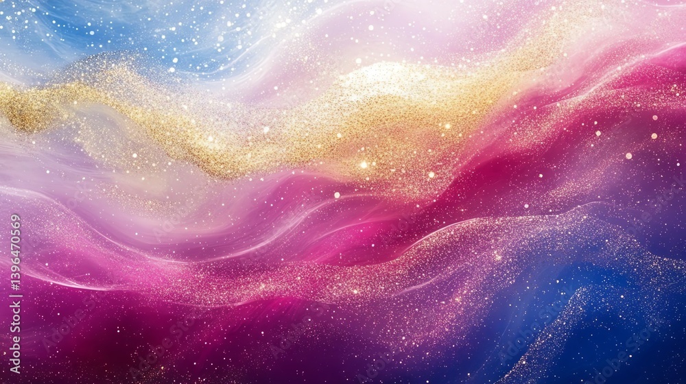Obraz premium A stunning abstract background featuring swirls of pink, gold, and blue with sparkling highlights for creative projects.