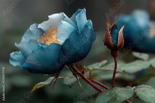 Floral close-up of a blue rose in full bloom with a rosebud Floral beauty