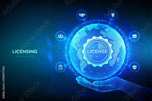 Licensing. License agreement concept. Copyright protection law license property rights. World map point line composition. Earth planet globe in wireframe hand. Vector illustration.