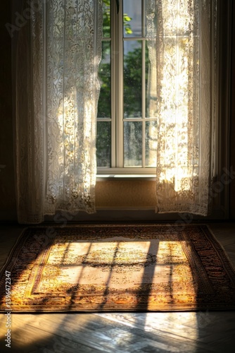 Obraz na płótnie A prayer mat near the window, bathed in soft morning light. Shadows stretch gently across the room w salonie