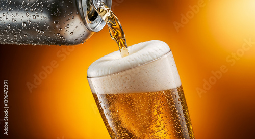 Cold Beer Pouring from Can into Foamy Glass Amber Background