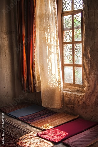 Obraz na płótnie A quiet corner with prayer mats, morning light softly touching the fabric. The peaceful moment feels warm and gentle w salonie
