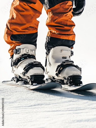 White Ski Boots and Orange Ski Pants on Fresh Snow