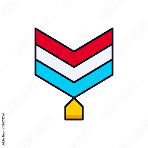 Award ribbon vector icon with red, white, and blue chevron stripes in flat outline style. Ideal for education medals, gamification badges, achievement symbols, or infographic decorations