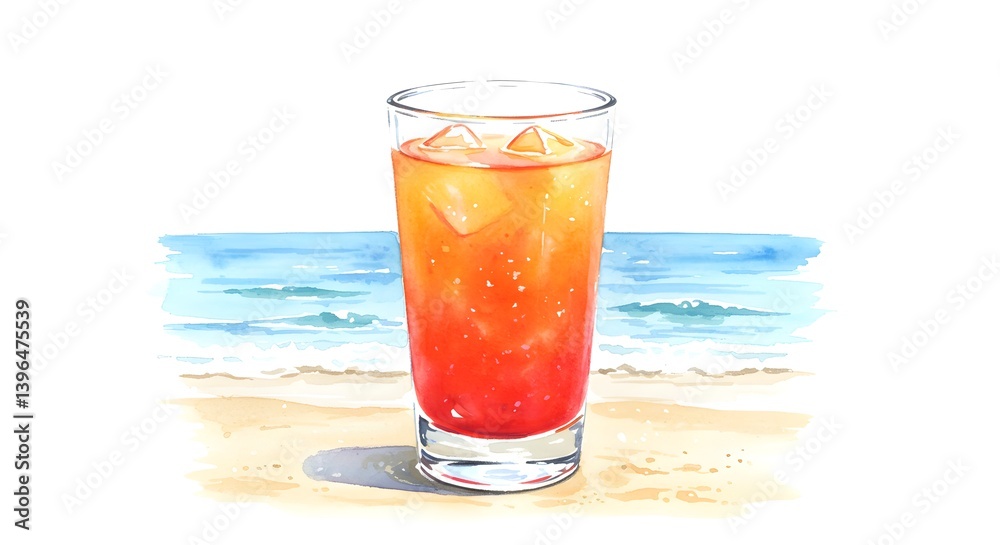 Refreshing summer beverage on a sandy beach backdrop with ocean waves, evoking vacation vibes in watercolor style. Refreshing summer beverage on a sandy beach backdrop with ocean waves, evoking vacation vibes in watercolor style.