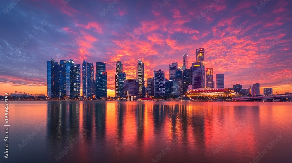 View of corporate district skyline with uniform high-rises under dramatic sunset View of corporate district skyline with uniform high-rises under dramatic sunset