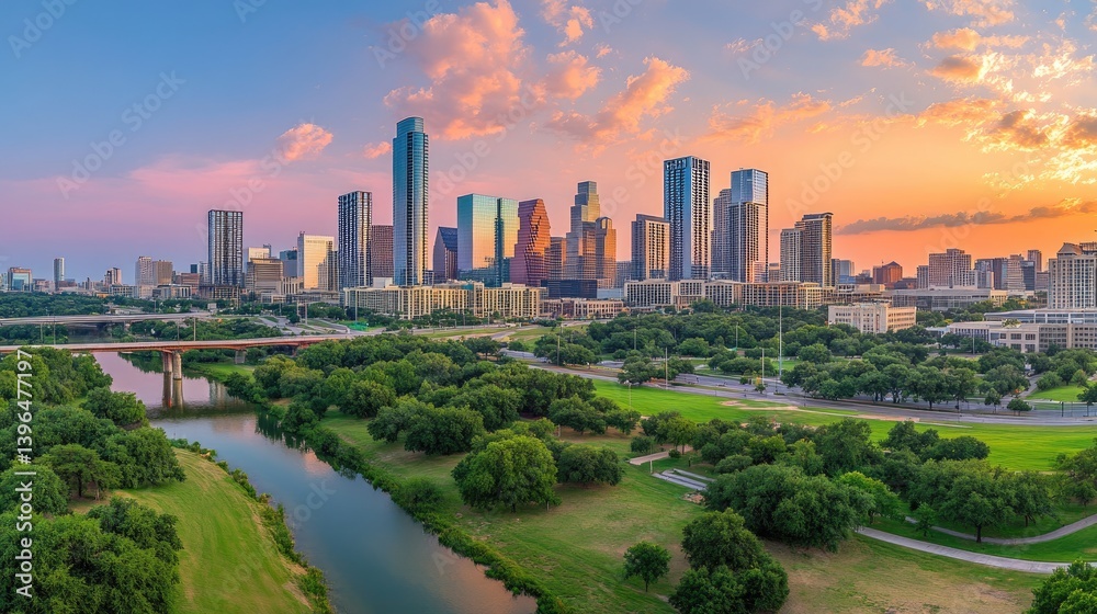 View of corporate district skyline with uniform high-rises under dramatic sunset View of corporate district skyline with uniform high-rises under dramatic sunset