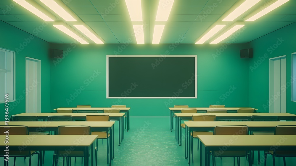 Empty classroom with desks chairs blackboard and fluorescent lights in green tone. Empty classroom with desks chairs blackboard and fluorescent lights in green tone.