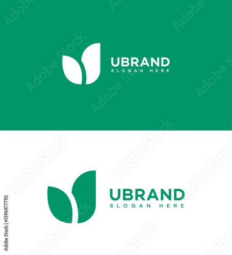 U Letter Logo Design Green Leaves, White Background, Modern Minimalist
