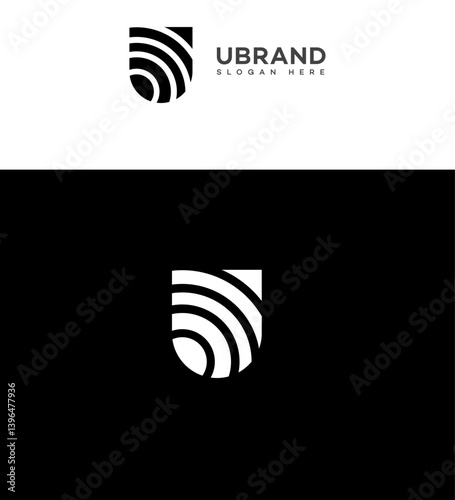 U Letter Logo Design Shield, Waves, Abstract, Monochrome, Minimalist, Modern, Branding, Identity, Grap